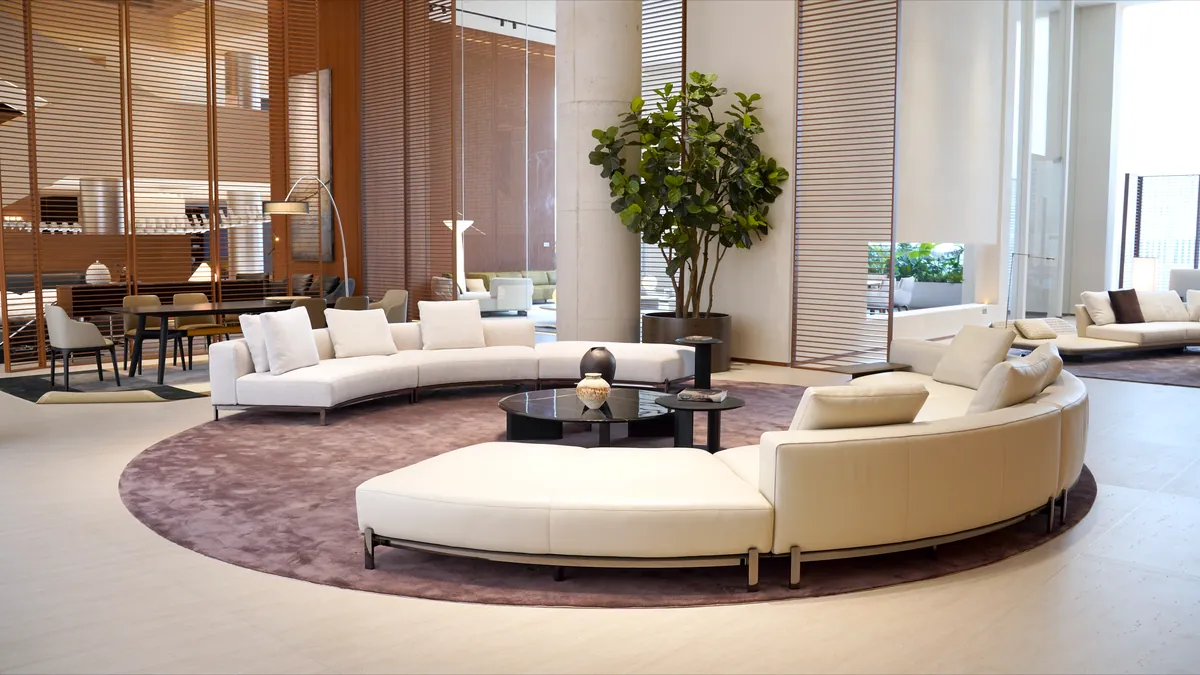 A contemporary sofa group in a furniture showroom.