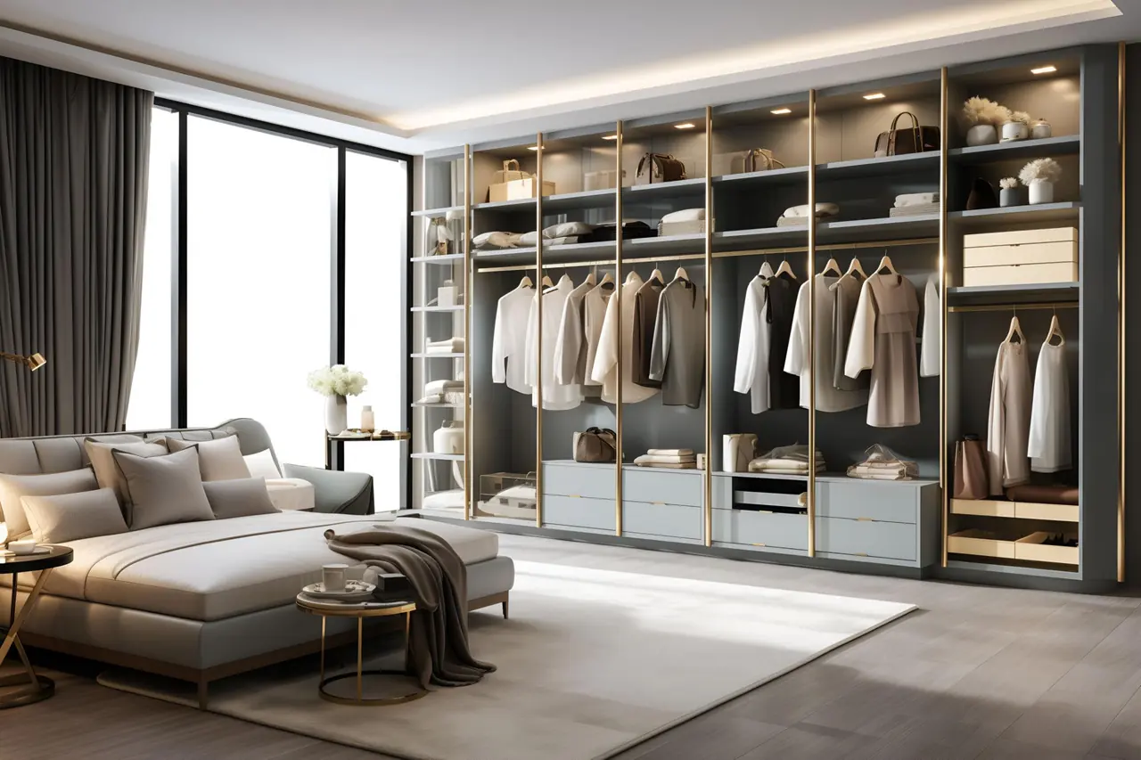 A room with open wardrobe sections and visible hanging storage.